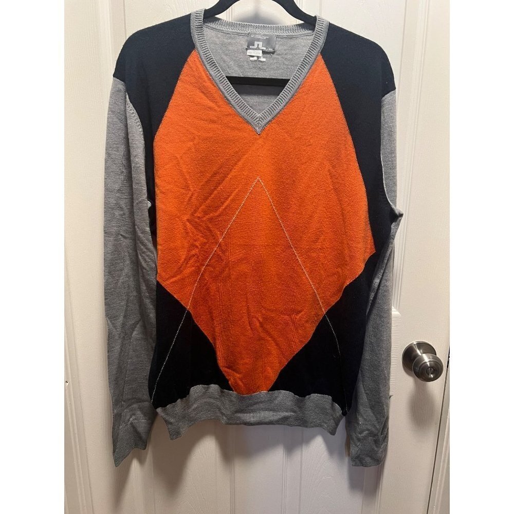 J.Lindeberg | Men's Merino Wool‎ Colorblock V-Neck Sweater Gray, Orange Sz XXL